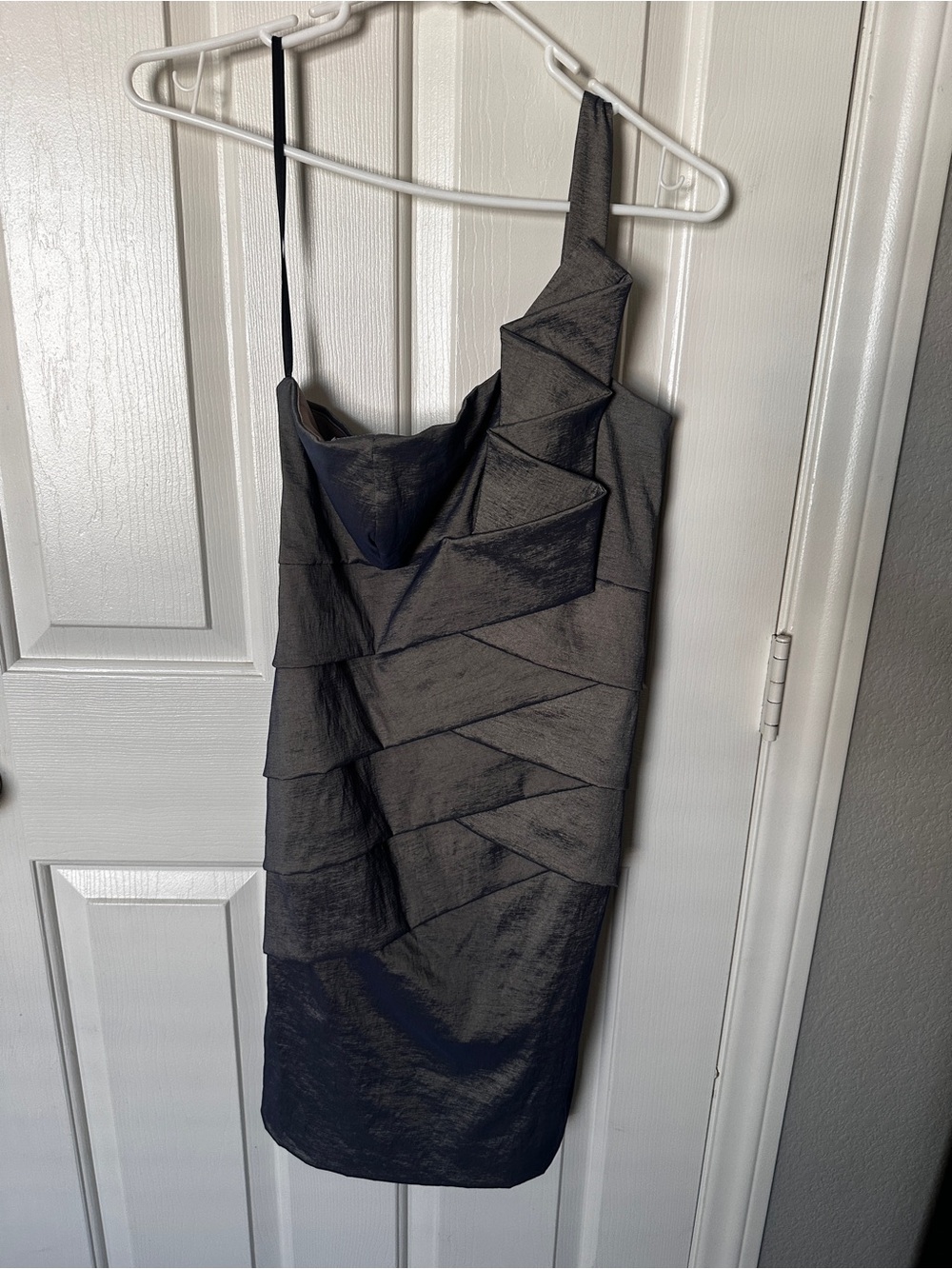NW Collections, One Shoulder, Iridescent Pleated Cocktail Sheath, Pewter